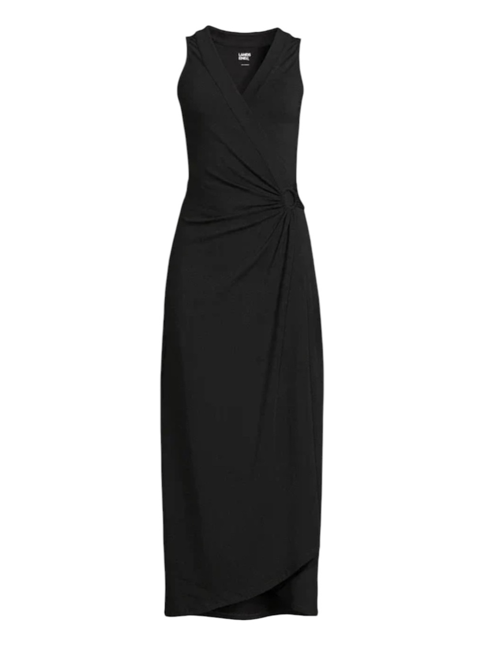 Lands’ End Black Faux Wrap Maxi Dress XS V Neck Tulip Hem Ruched Sleeveless - Picture 2 of 7